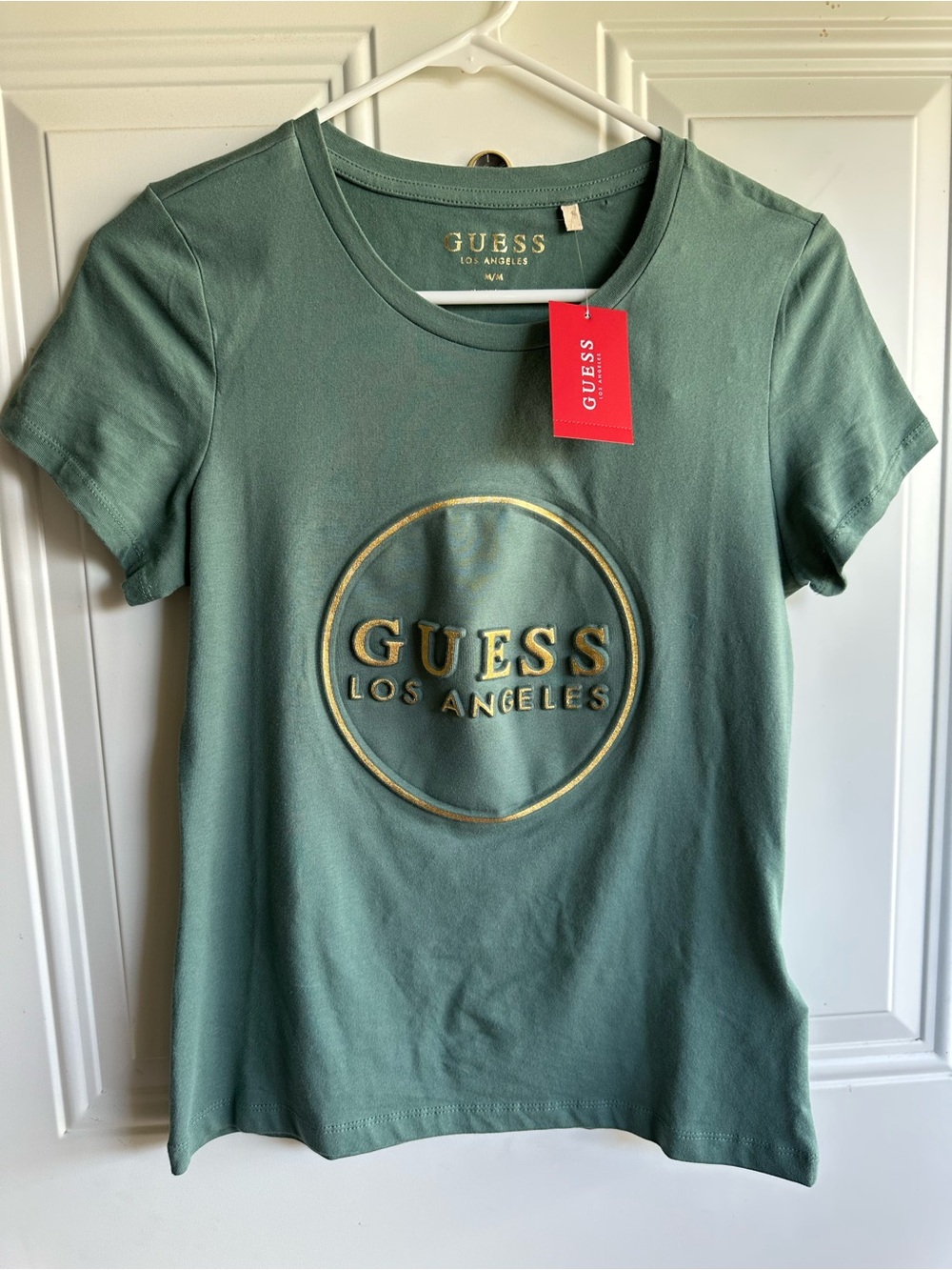 GUESS Women's Short Sleeve Logo Tee — Green with Gold Print - Picture 2 of 5